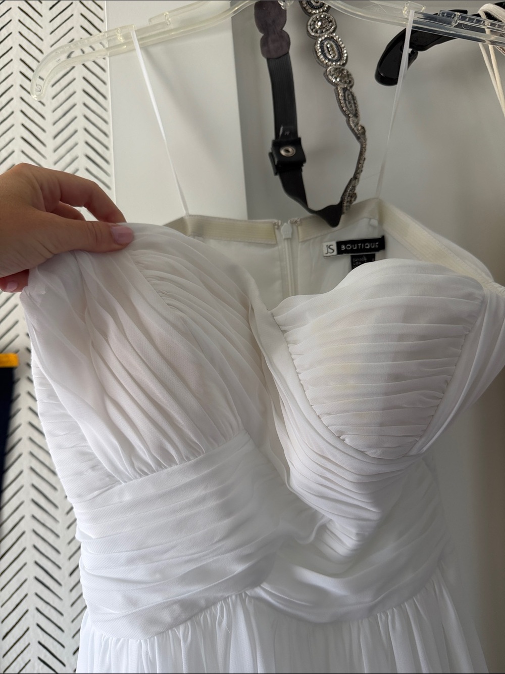 JS Boutique White Strapless Pleated Chiffon Gown